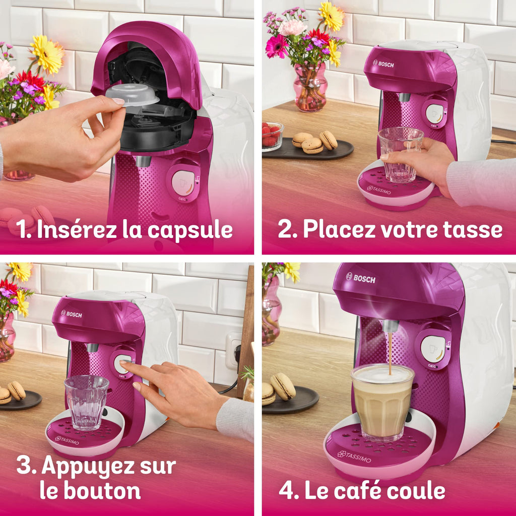 Tassimo Happy TAS1001 – Cafetière à Dosettes Compacte, Violet & Blanc